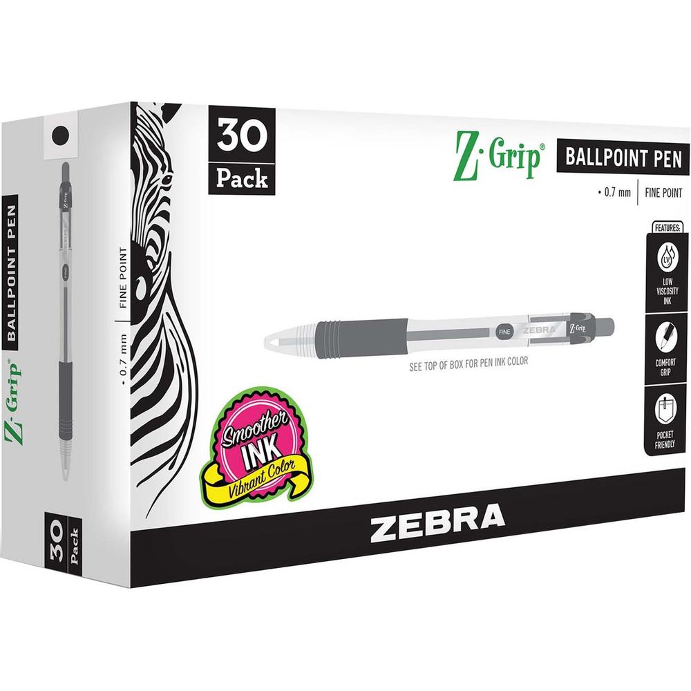 Zebra Pen Z-Grip Retractable Ballpoint Pens - 0.7 mm Pen Point Size - Retractable - Black - 30 / Pack. Picture 1