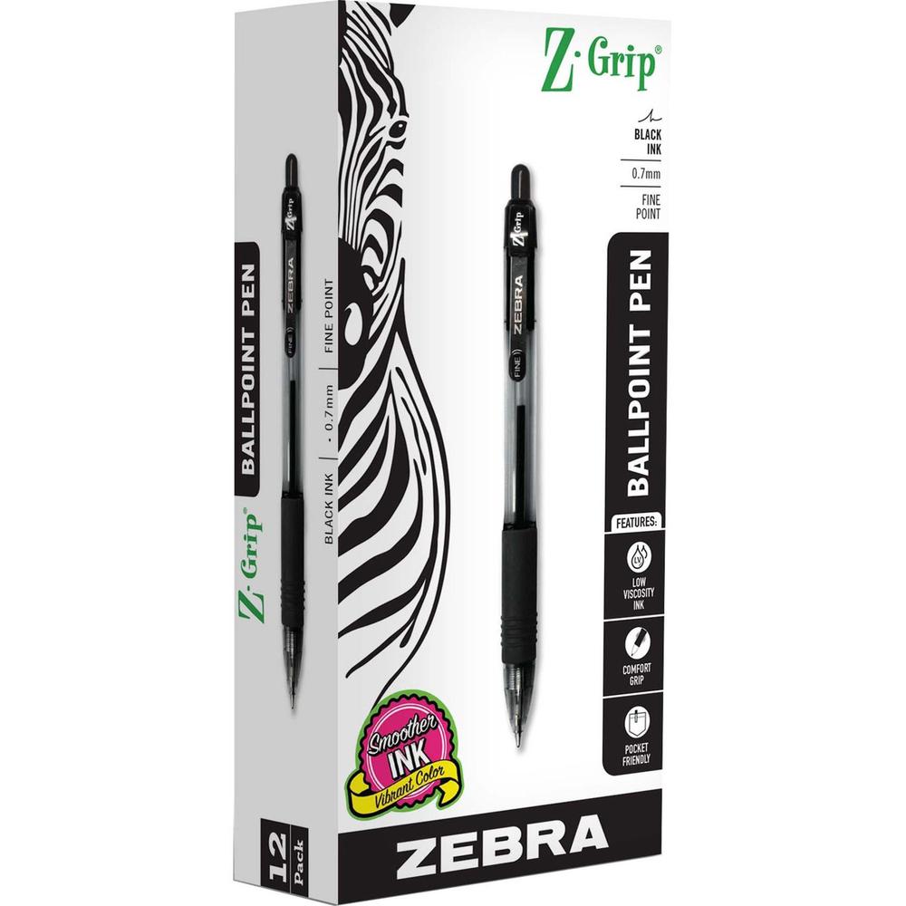 Zebra Pen Z-Grip Retractable Ballpoint Pens - 0.7 mm Pen Point Size - Retractable - Black - 1 Dozen. Picture 1
