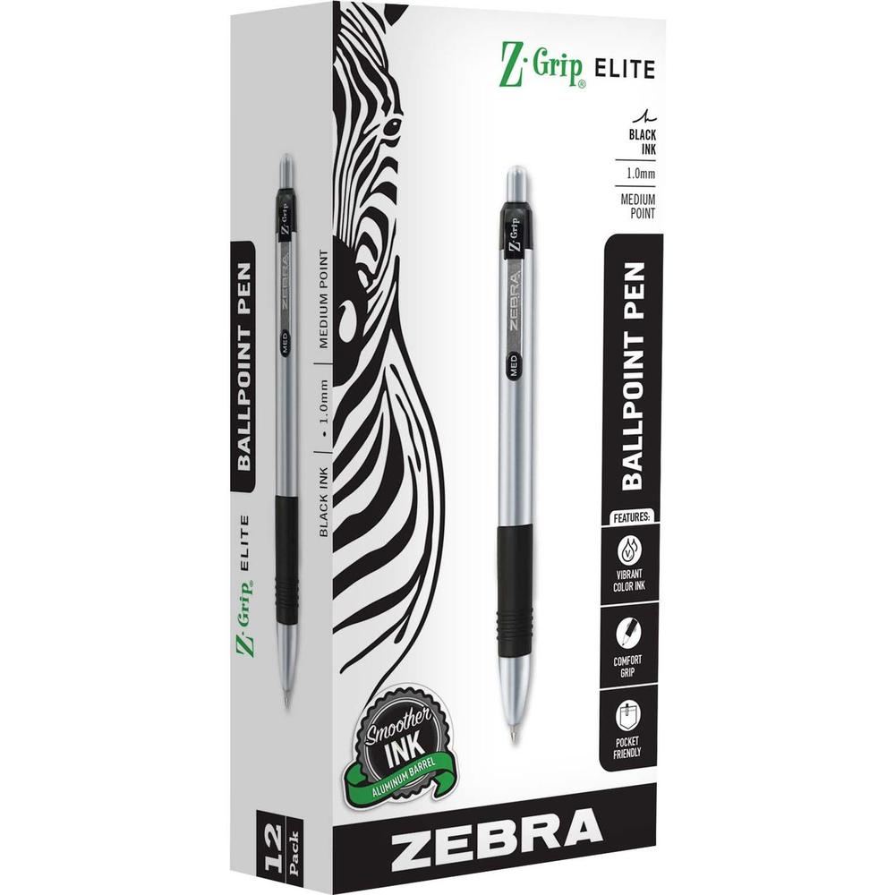Zebra Z-Grip Elite Metal Retractable Ballpoint Pen - Bold Pen Point - 1 mm Pen Point Size - Retractable - Black Gel-based Ink - 1 Dozen. Picture 1