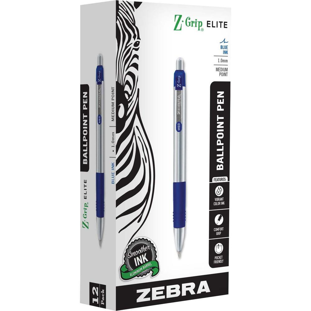 Zebra Pen Z-Grip Elite Metal Retractable Ballpoint Pen - Bold Pen Point - 1 mm Pen Point Size - Retractable - Blue Gel-based Ink - 1 Dozen. Picture 1