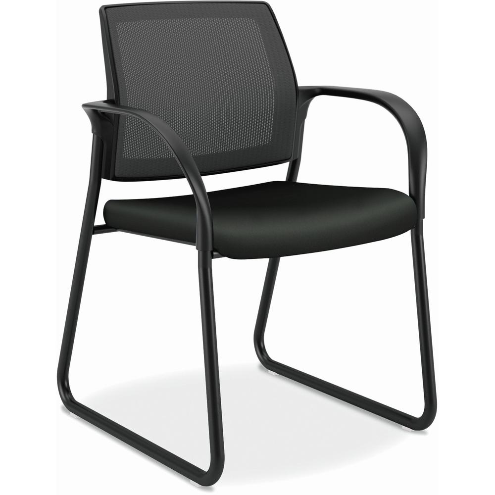 HON Ignition Chair - Black Vinyl Seat - Black Mesh Back - Black Steel Frame - Sled Base - Black - Armrest. Picture 1