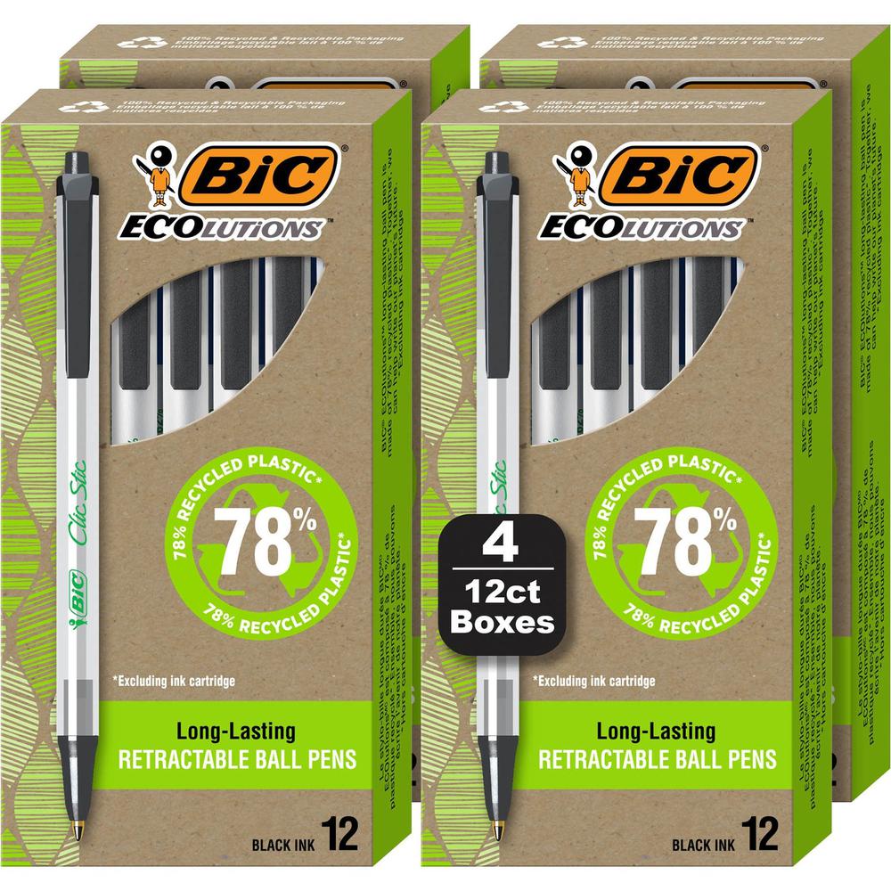 BIC Ecolutions Clic Stic Ballpoint Pen - Medium Pen Point - 1 mm Pen Point Size - Retractable - Black - Semi Clear Barrel - 48 / Pack. Picture 1