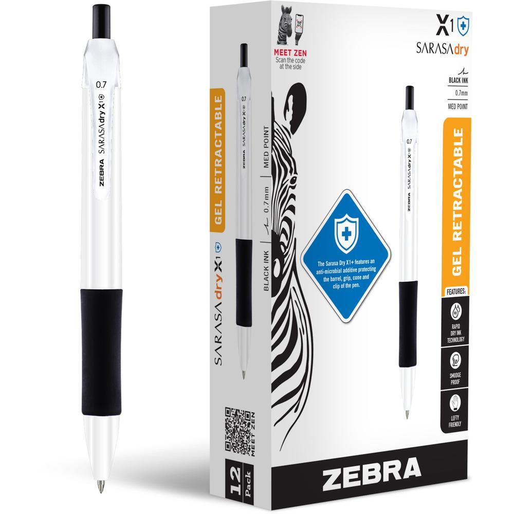 Zebra Pen SARASA dry X1+ Gel Pen - Medium Pen Point - 0.7 mm Pen Point Size - Refillable - Retractable - Black - Plastic Barrel - 12. Picture 1