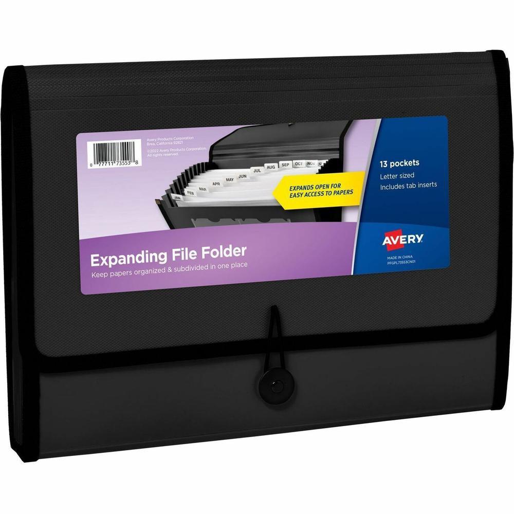 Avery&reg; Letter, A4 Recycled Expanding File - 425 Sheet Capacity - 13 Pocket(s) - Polypropylene, Plastic, Fabric - Black - 100% Recycled. Picture 1