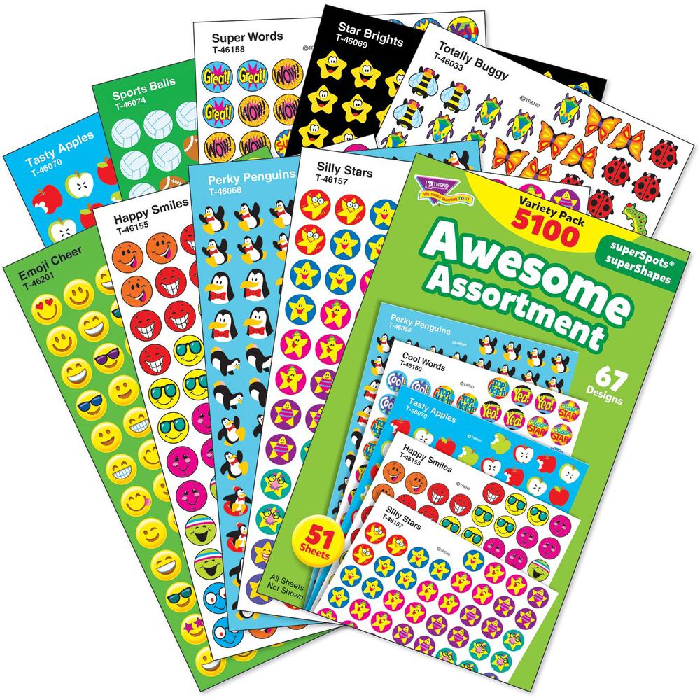 Trend Awesome Assortment Stickers - Varied Shape - Self-adhesive - Assorted - Paper - 5100 / Pack. Picture 1