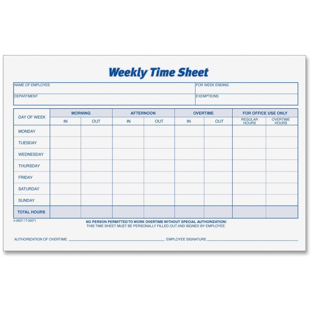 TOPS Weekly Timesheet Form - 100 Sheet(s) - 8.50" x 5.50" Sheet Size - White - White Sheet(s) - Blue Print Color - 2 / Pack. Picture 1