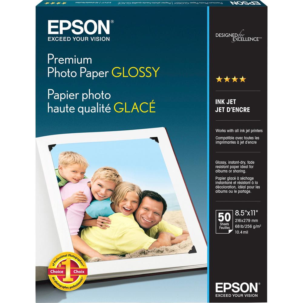 Epson Premium Photo Glossy InkJet Paper - 92 Brightness - 97% Opacity - Letter - 8 1/2" x 11" - 68 lb Basis Weight - High Gloss - 50 / Pack - White. Picture 1