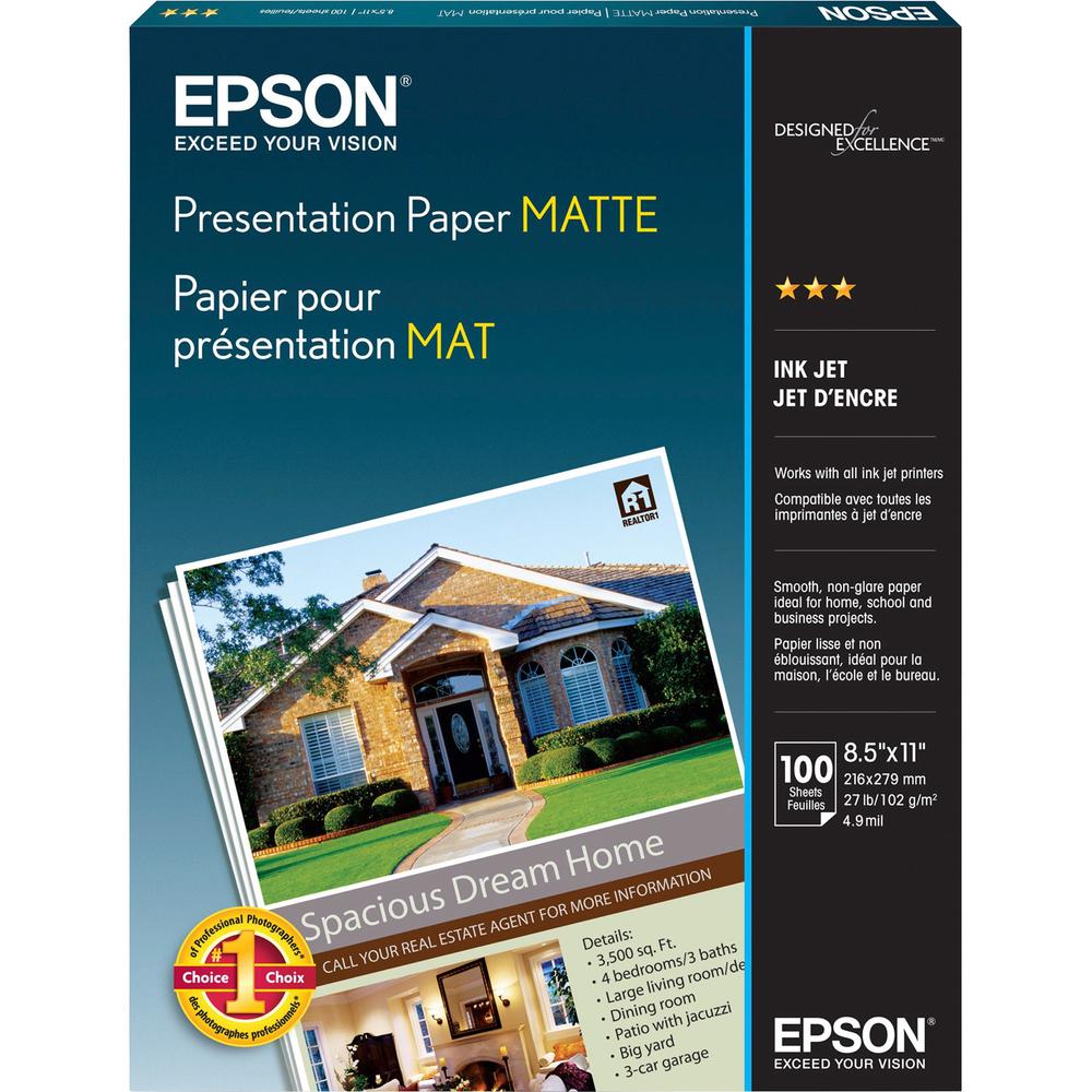 Epson Inkjet Presentation Paper - White - 90 Brightness - 90% Opacity - Letter - 8 1/2" x 11" - 27 lb Basis Weight - Matte - 100 / Pack. Picture 1