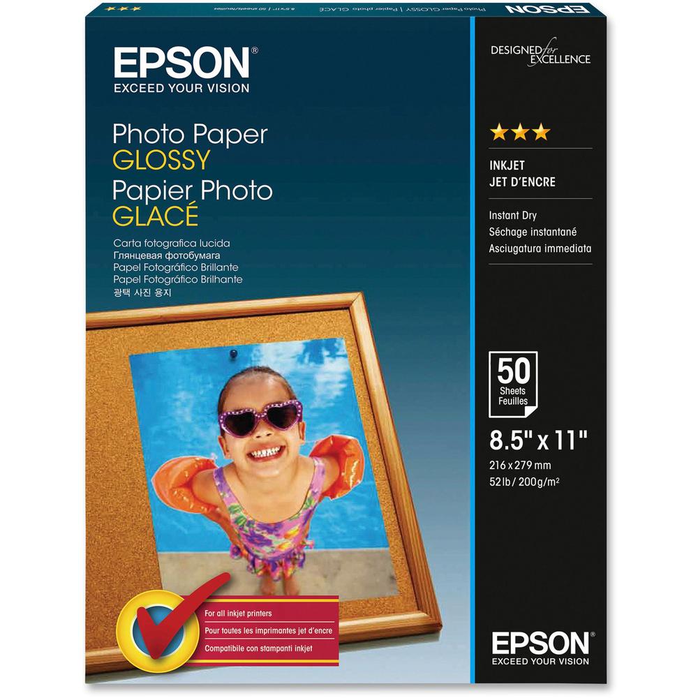 Epson Glossy Finish Photo Paper - 92 Brightness - 96% Opacity - Letter - 8 1/2" x 11" - 52 lb Basis Weight - Glossy - 50 / Pack - White. Picture 1