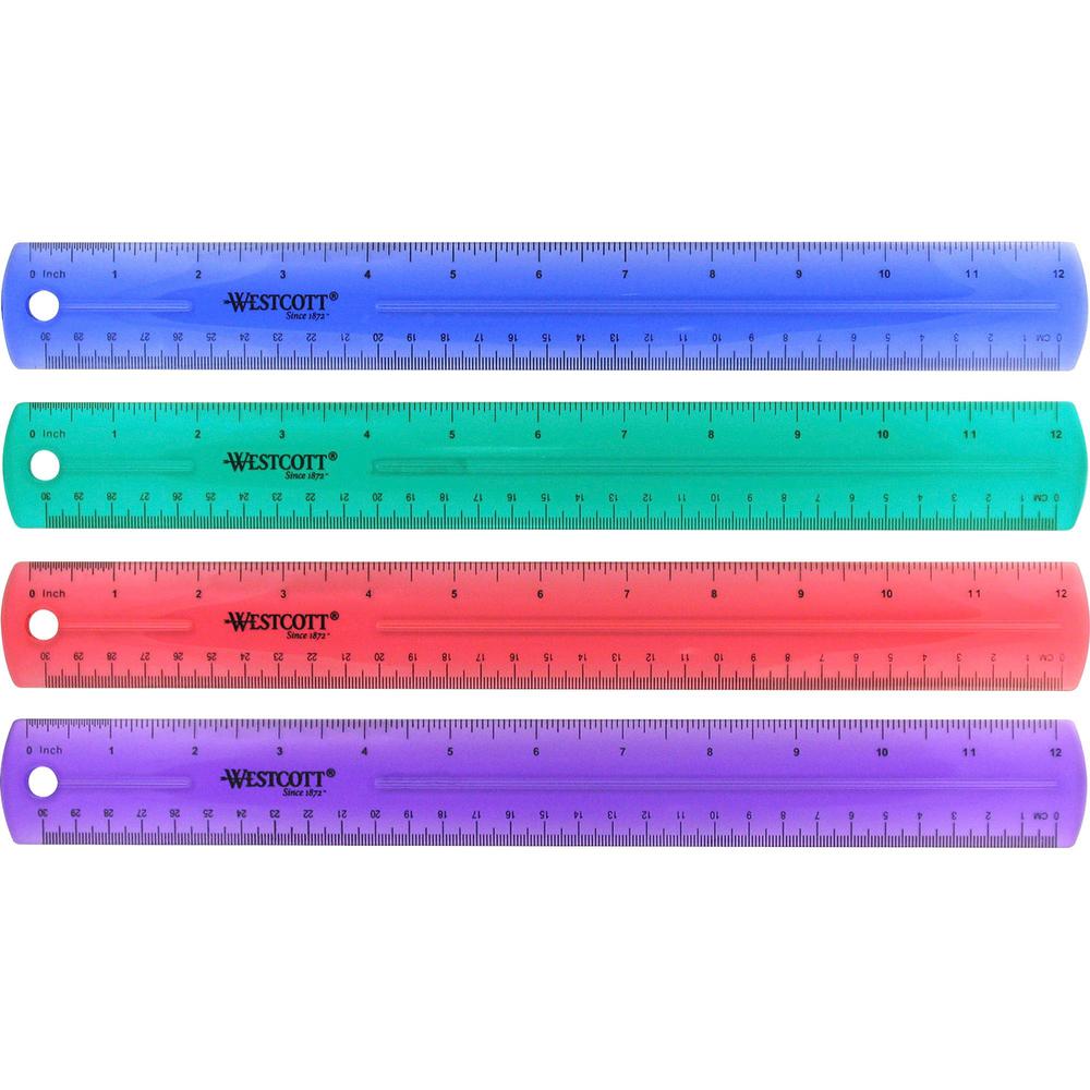Westcott Transparent Jeweltone 12" Plastic Ruler - 12" Length 1" Width - 1/16 Graduations - Metric, Imperial Measuring System - Plastic - 1 Each - Assorted. Picture 1