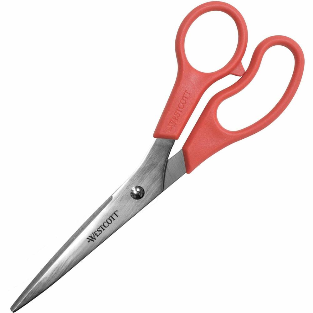 Westcott Stainless Steel 8" Straight Scissors - 3.50" Cutting Length - 8" Overall Length - Straight-left/right - Stainless Steel - Pointed Tip - Red, Silver - 1 Each. The main picture.