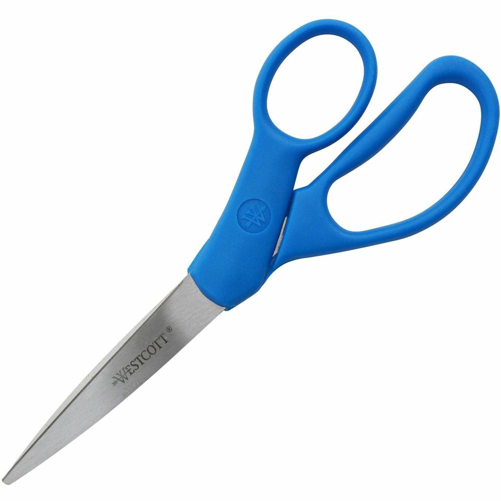 Westcott 7" Straight All Purpose Scissors - 3.25" Cutting Length - 7" Overall Length - Straight-left/right - Stainless Steel - Pointed Tip - Blue - 1 Each. The main picture.