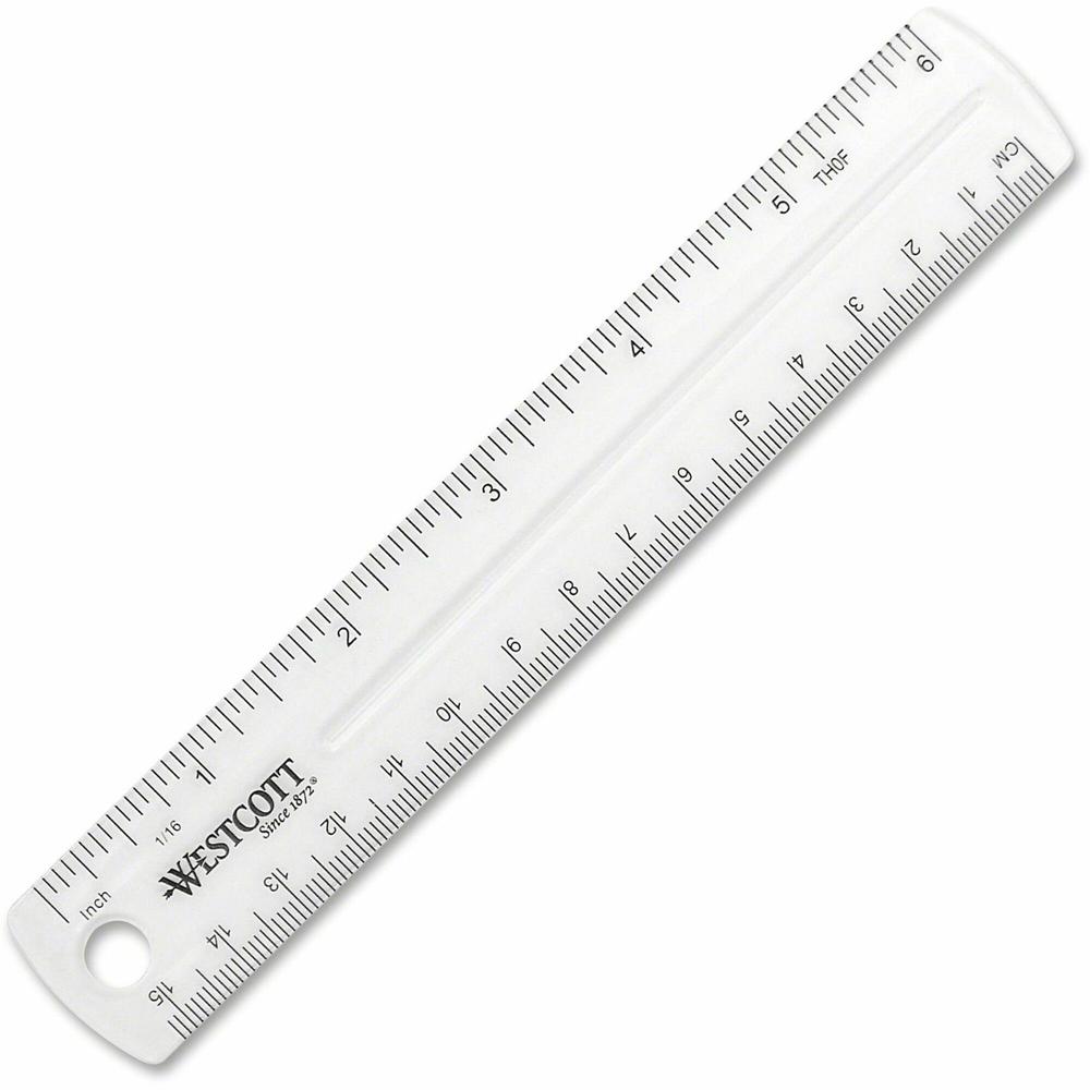 Westcott Clear Plastic Ruler - 6" Length 1" Width - 1/16 Graduations - Metric, Imperial Measuring System - Plastic - 1 Each - Clear. The main picture.