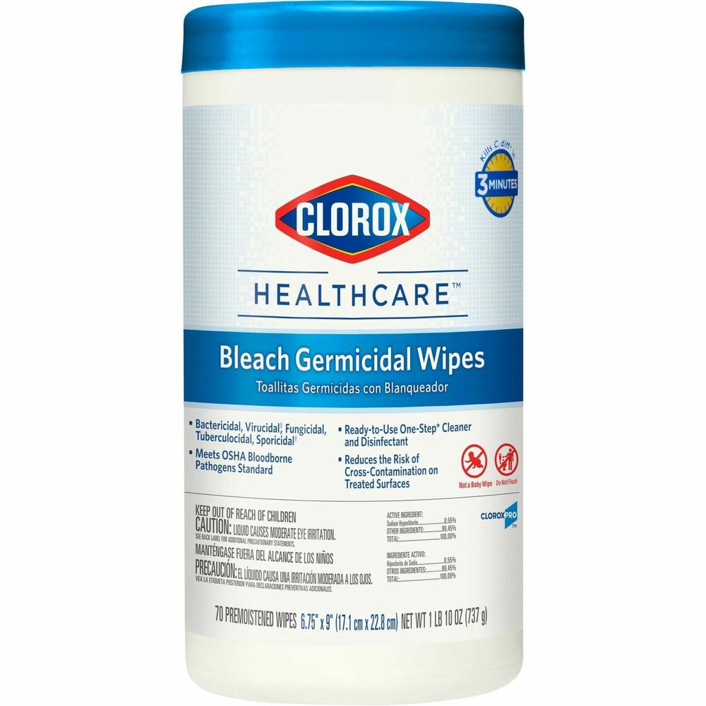 Clorox Healthcare Bleach Germicidal Wipes - Ready-To-Use - 9" Length x 6.75" Width - 70 / Canister - 1 Each - Disinfectant, Antimicrobial, Anti-corrosive, Unscented - White. Picture 1