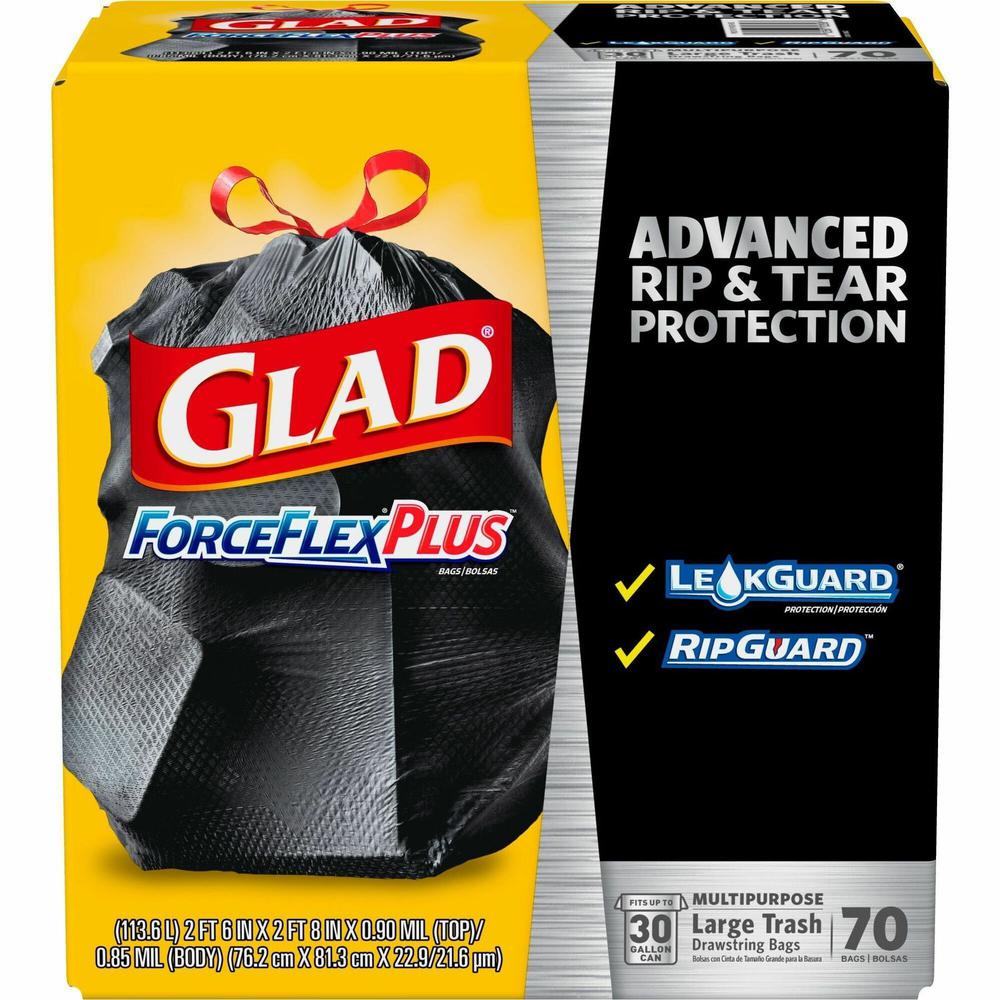 Glad Large Drawstring Trash Bags - ForceFlexPlus - 30 gal Capacity - 30" Width x 32" Length - 1.05 mil (27 Micron) Thickness - Black - 70/Carton - Office Waste. Picture 1