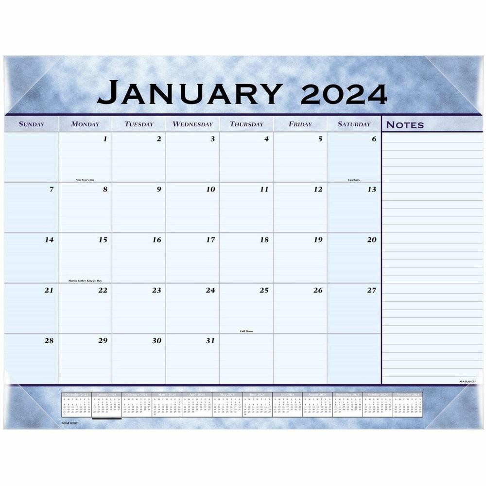 At-A-Glance Desk Pad - Standard Size - Monthly - 12 Month - January 2024 - December 2024 - 1 Month Single Page Layout - 21 3/4" x 17" Blue Sheet - 2.43" x 2.25" Block - Headband - Desk Pad - Wall Moun. Picture 1
