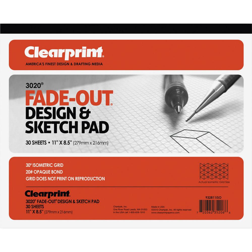 Clearprint Isometric Grid Paper Pad - Letter - 30 Sheets - 20 lb Basis Weight - Letter - 8 1/2" x 11" - White Paper - 1 / Pad. Picture 1