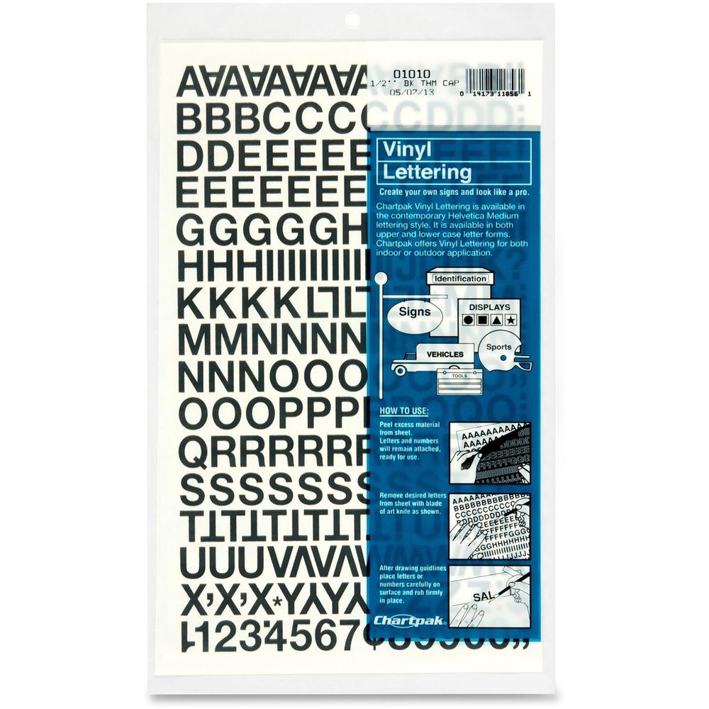 Chartpak Vinyl Helvetica Style Letters/Numbers - 12 x Numbers, 167 x Capital Letters Shape - Self-adhesive - Helvetica Style - Easy to Use - 0.50" Height - Black - Vinyl - 201 / Pack. Picture 1