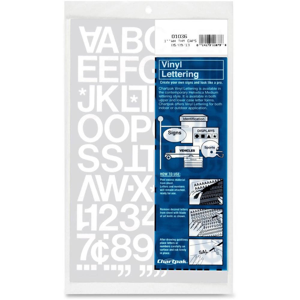 Chartpak Vinyl Helvetica Style Letters/Numbers - Self-adhesive - Helvetica Style - Easy to Use - 1" Height x 12" Length - White - Vinyl - 1 / Pack. Picture 1