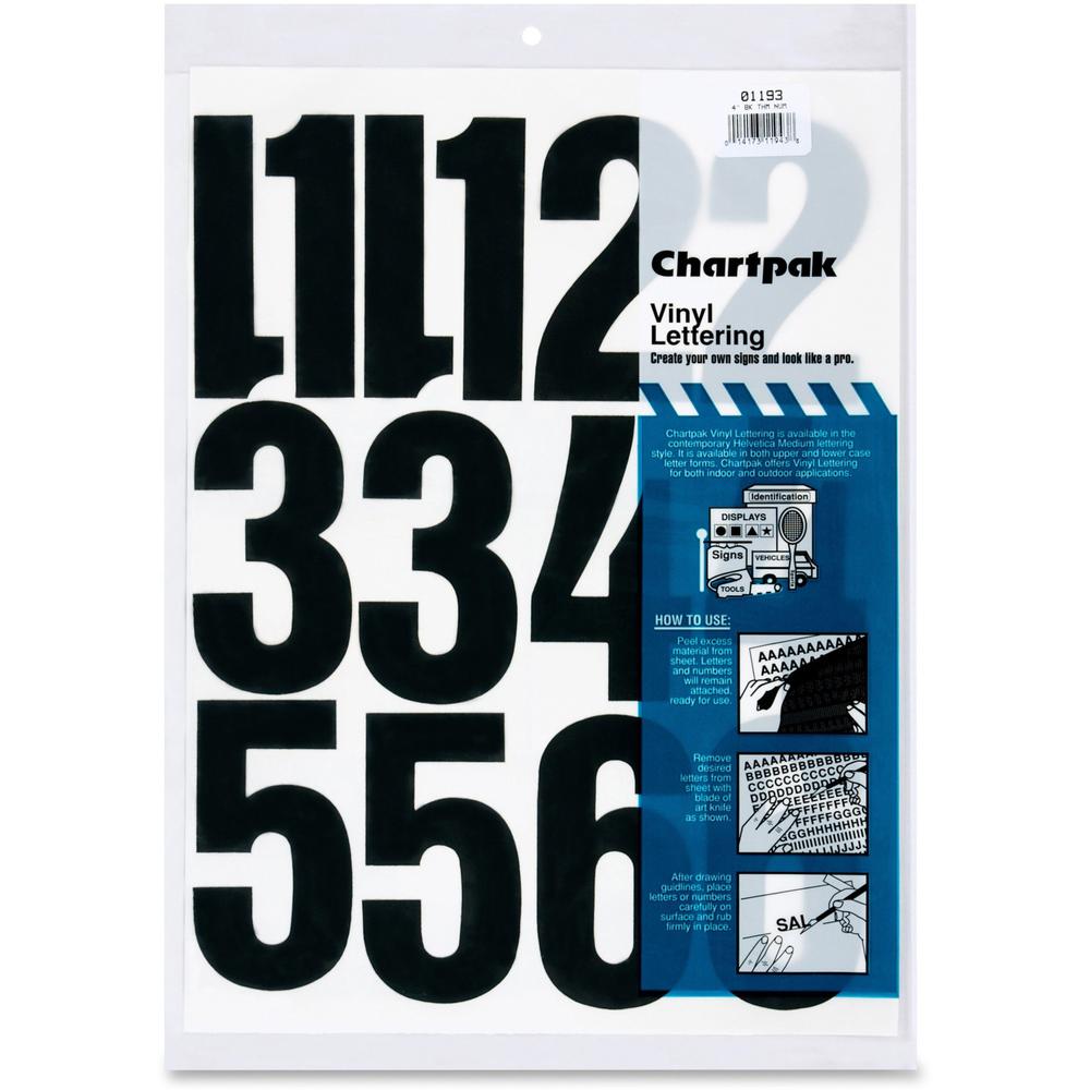 Chartpak Permanent Adhesive Vinyl Numbers - Self-adhesive - Helvetica Style - Easy to Use - 4" Height - Black - Vinyl - 23 / Pack. Picture 1