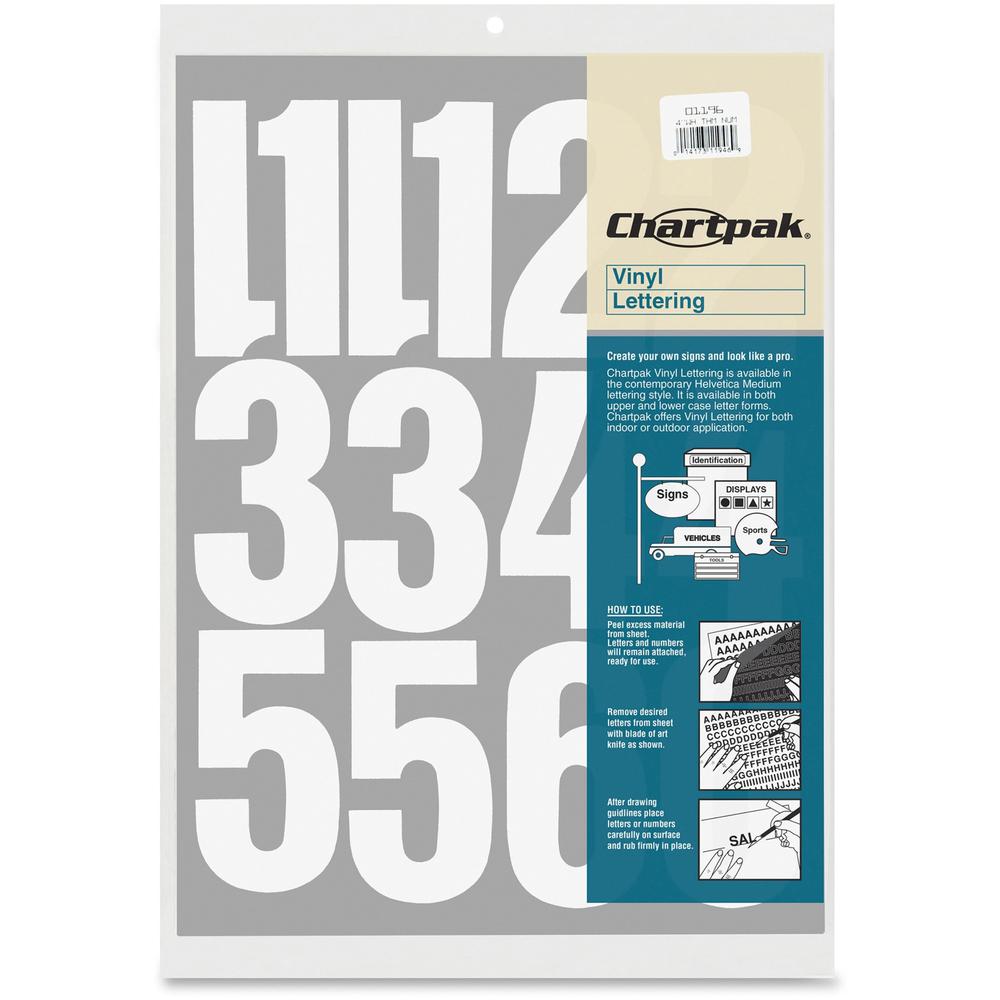Chartpak Permanent Adhesive Vinyl Numbers - 23 x Numbers Shape - Self-adhesive - Helvetica Style - Easy to Use - 4" Height - White - Vinyl - 1 / Pack. Picture 1