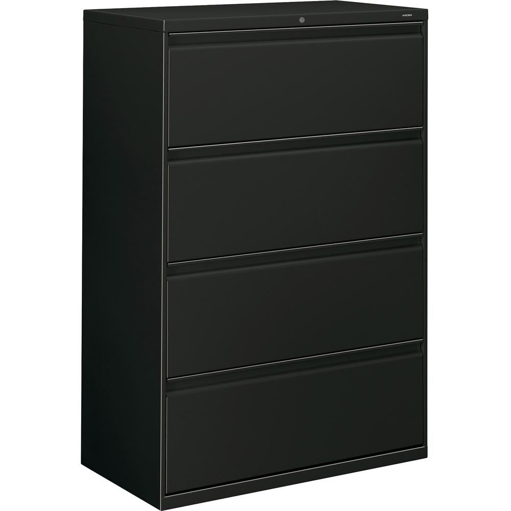 HON 800 Series Lateral File - 4-Drawer - 36" x 19.3" x 53.3" - 4 x Drawer(s) - Legal, Letter - Lateral - Security Lock - Black - Baked Enamel - Steel - Recycled. Picture 1
