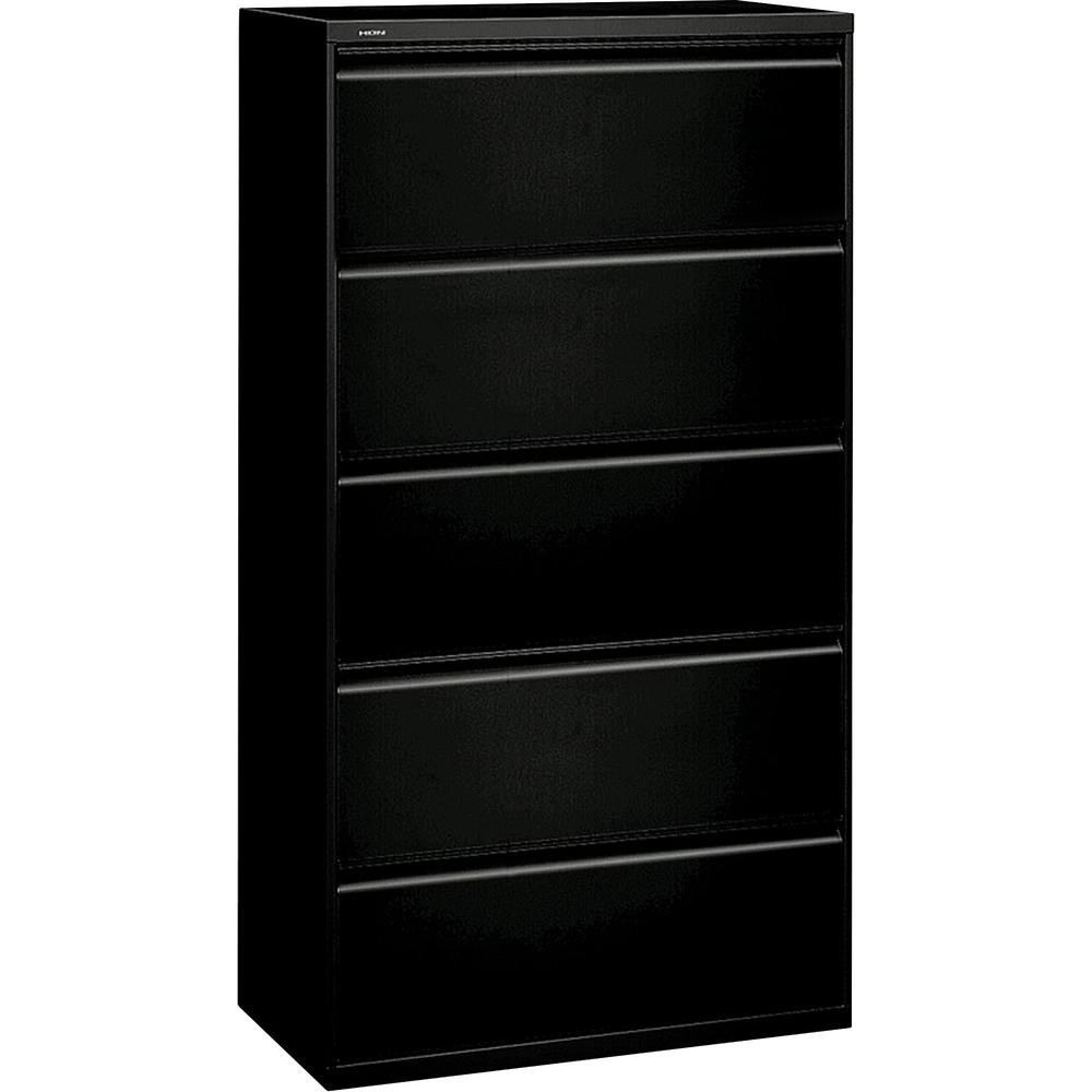 HON 800 Series Lateral File - 5-Drawer - 36" x 19.3" x 67" - 2 x Shelf(ves) - 5 x Drawer(s) - Legal, Letter - Lateral - Security Lock - Black - Baked Enamel - Steel - Recycled. Picture 1