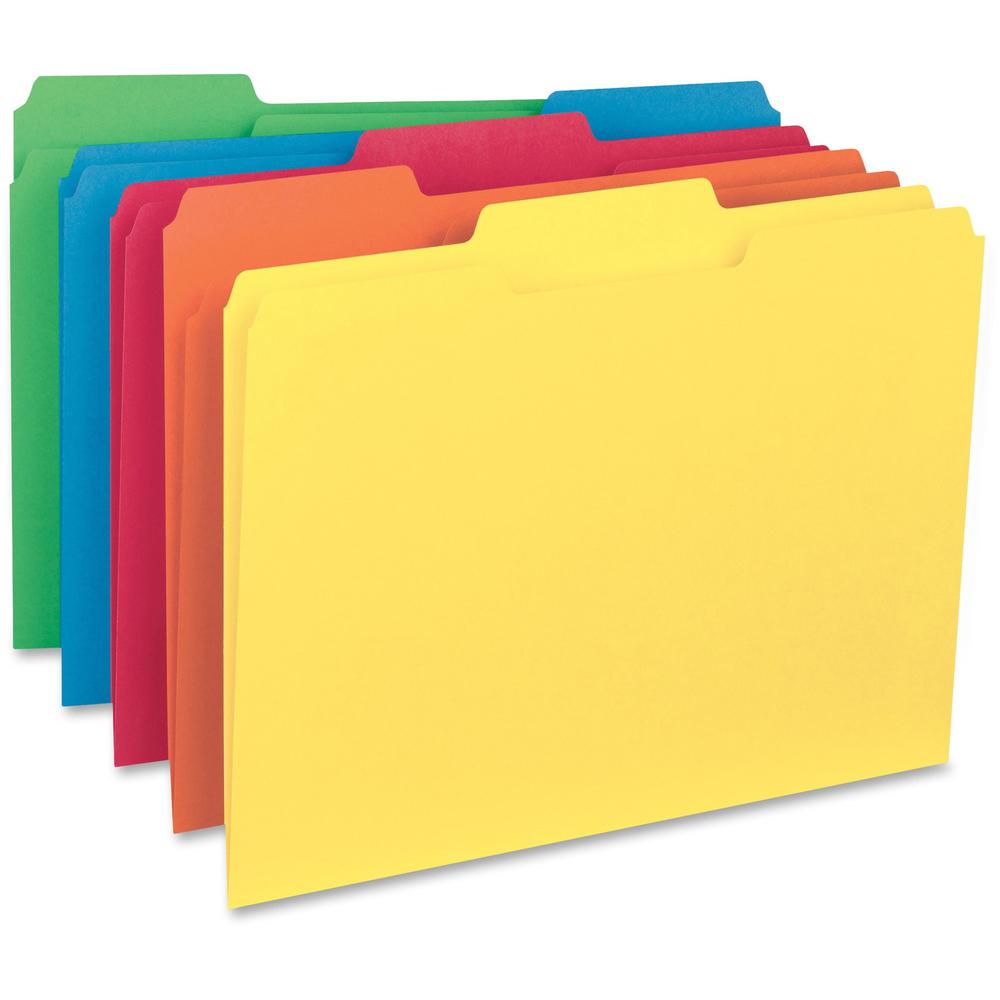 Smead 1/3 Tab Cut Letter Recycled Hanging Folder - 8 1/2" x 11" - 3/4" Expansion - Top Tab Location - Assorted Position Tab Position - Green, Orange, Red, Sky Blue, Yellow - 10% Recycled - 100 / Box. The main picture.