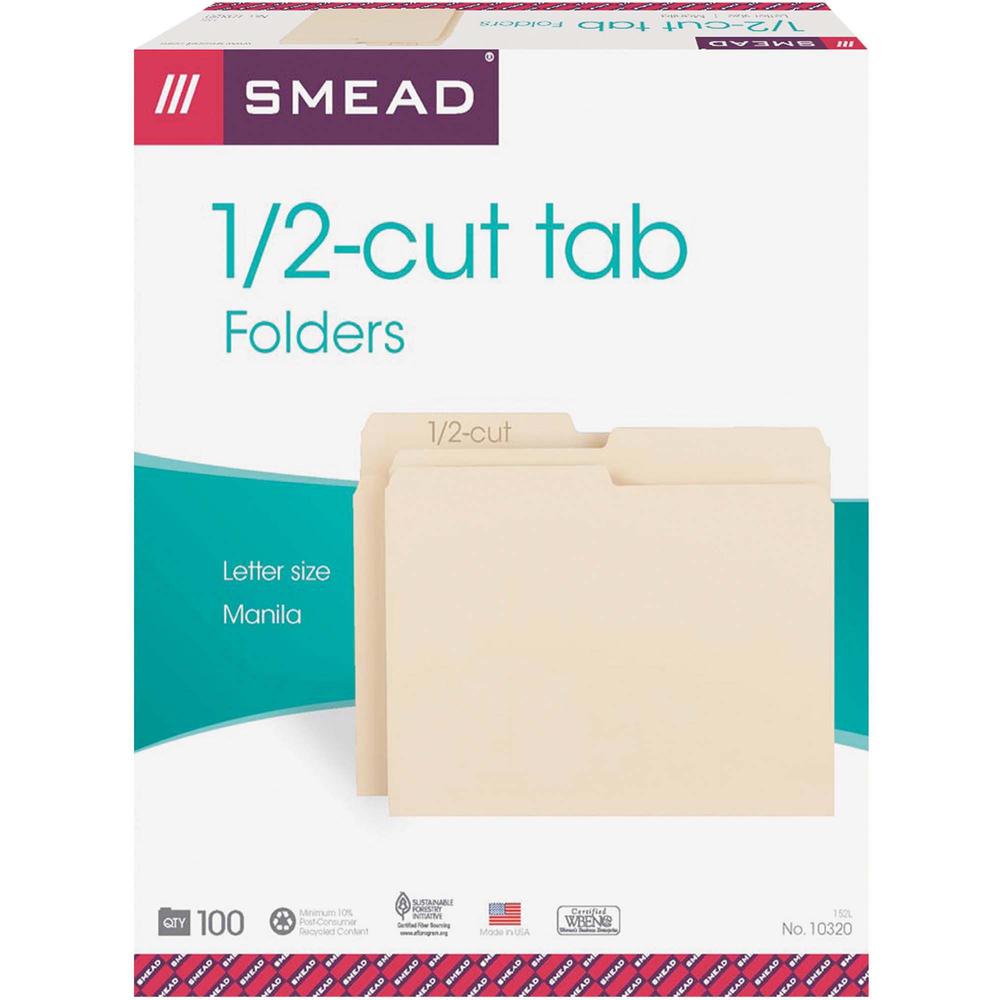 Smead 1/2 Tab Cut Letter Recycled Top Tab File Folder - 8 1/2" x 11" - 3/4" Expansion - Top Tab Location - Assorted Position Tab Position - Manila - 10% Recycled - 100 / Box. Picture 1