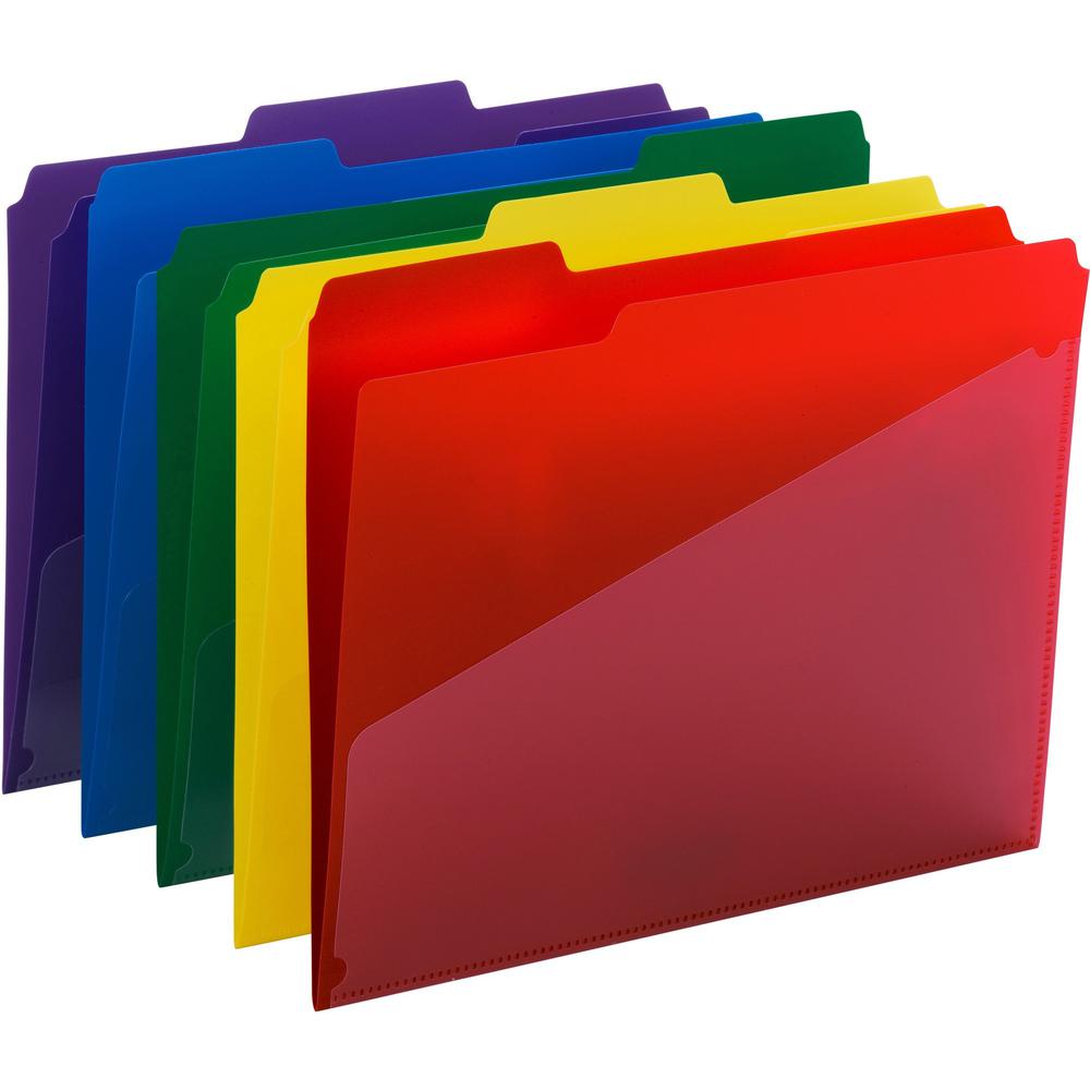 Smead 1/3 Tab Cut Letter Top Tab File Folder - 8 1/2" x 11" - 3/4" Expansion - Top Tab Location - Assorted Position Tab Position - Poly - Blue, Green, Red, Yellow, Purple - 30 / Box. The main picture.