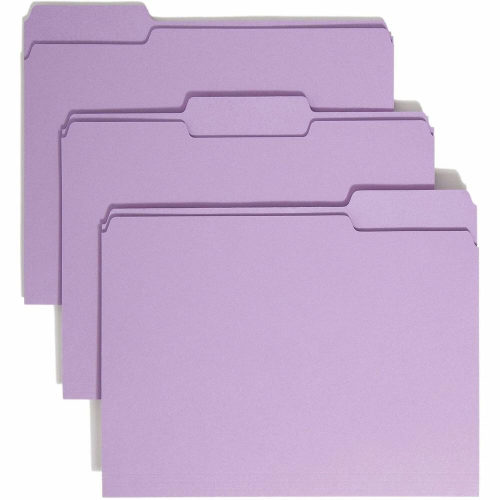 Smead Colored 1/3 Tab Cut Letter Recycled Top Tab File Folder - 8 1/2" x 11" - 3/4" Expansion - Top Tab Location - Assorted Position Tab Position - Lavender - 10% Recycled - 100 / Box. Picture 1