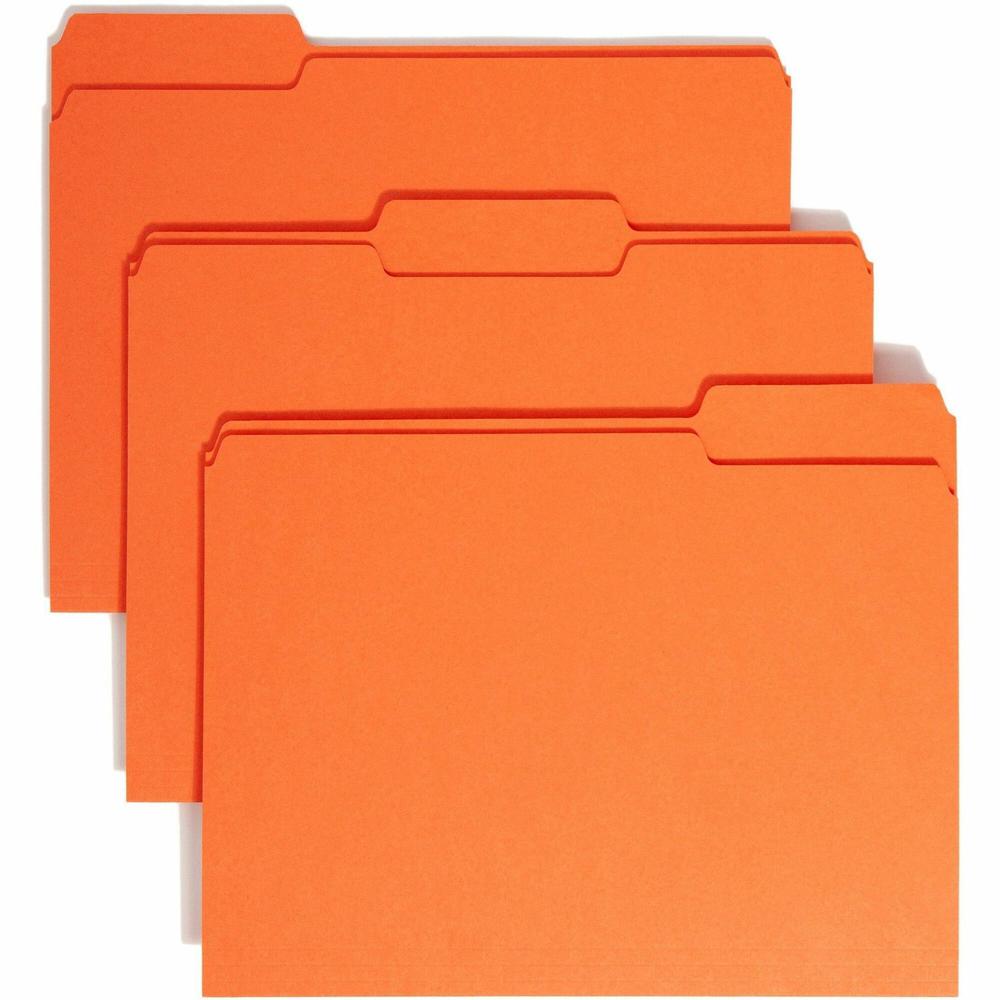 Smead Colored 1/3 Tab Cut Letter Recycled Top Tab File Folder - 8 1/2" x 11" - 3/4" Expansion - Top Tab Location - Assorted Position Tab Position - Orange - 10% Recycled - 100 / Box. Picture 1