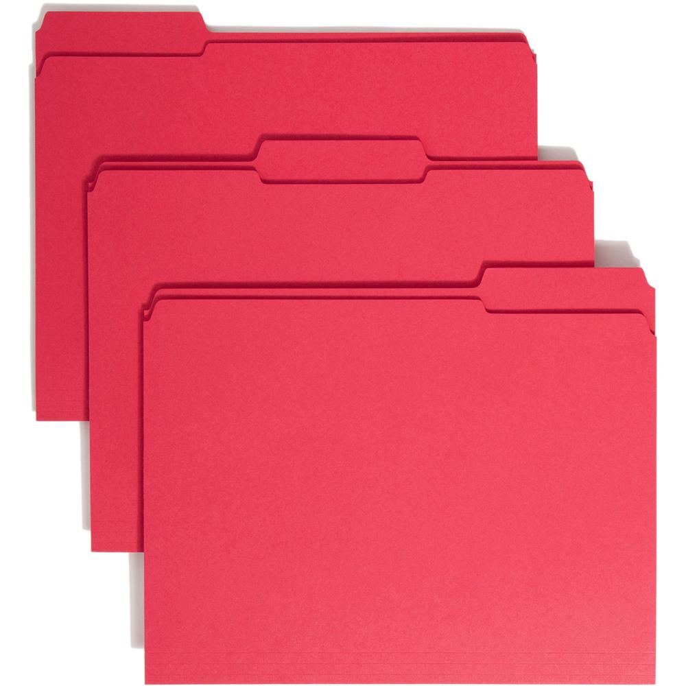 Smead Colored 1/3 Tab Cut Letter Recycled Top Tab File Folder - 8 1/2" x 11" - 3/4" Expansion - Top Tab Location - Assorted Position Tab Position - Red - 10% Recycled - 100 / Box. Picture 1