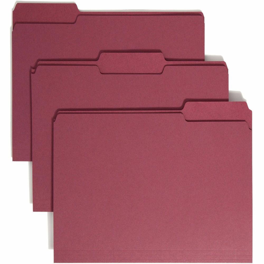Smead Colored 1/3 Tab Cut Letter Recycled Top Tab File Folder - 8 1/2" x 11" - 3/4" Expansion - Top Tab Location - Assorted Position Tab Position - Maroon - 10% Recycled - 100 / Box. Picture 1