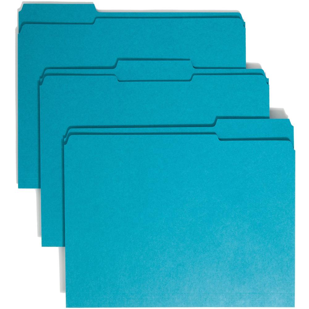 Smead Colored 1/3 Tab Cut Letter Recycled Top Tab File Folder - 8 1/2" x 11" - 3/4" Expansion - Top Tab Location - Assorted Position Tab Position - Teal - 10% Recycled - 100 / Box. Picture 1