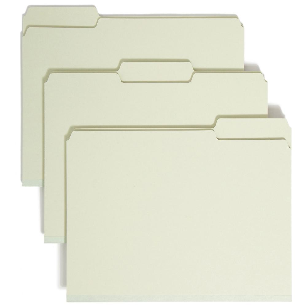 Smead 1/3 Tab Cut Letter Recycled Top Tab File Folder - 8 1/2" x 11" - 1" Expansion - Top Tab Location - Assorted Position Tab Position - Pressboard - Gray, Green - 60% Recycled - 25 / Box. The main picture.