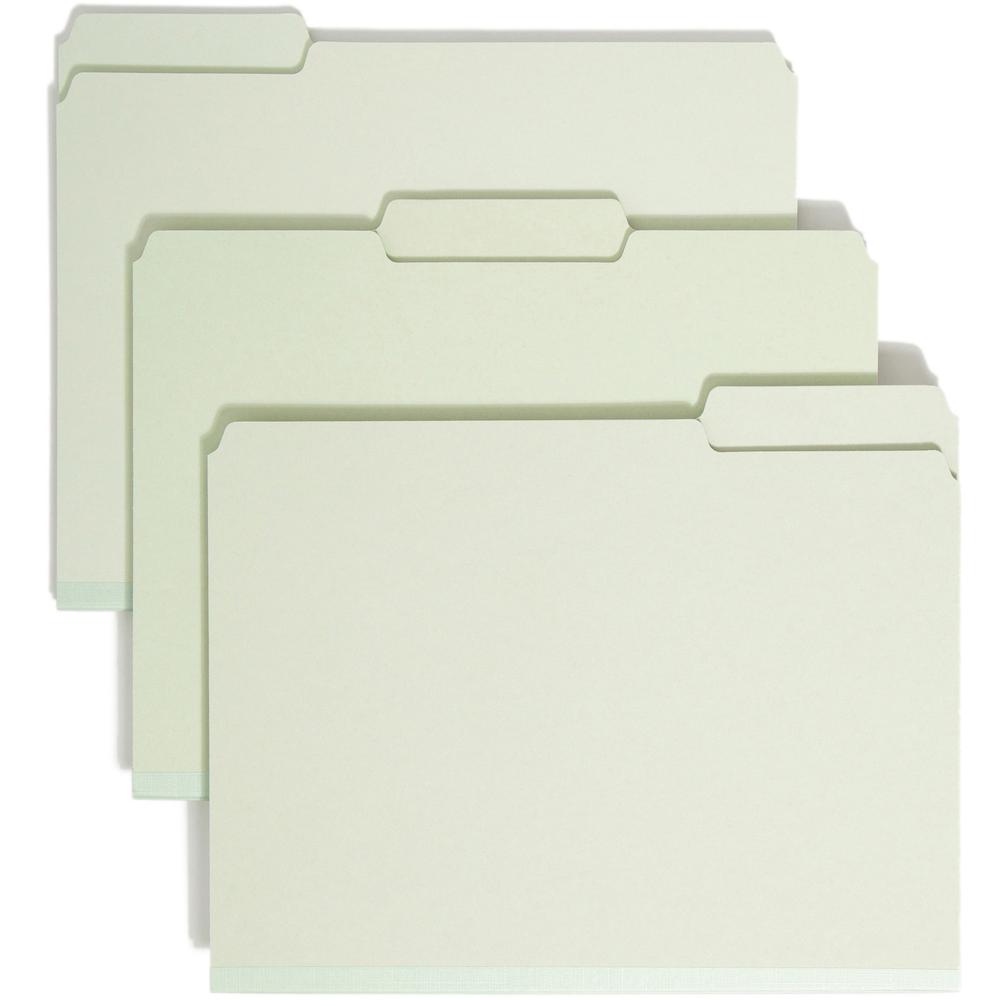 Smead 1/3 Tab Cut Letter Recycled Top Tab File Folder - 8 1/2" x 11" - 2" Expansion - Top Tab Location - Assorted Position Tab Position - Pressboard - Gray, Green - 100% Recycled - 25 / Box. Picture 1