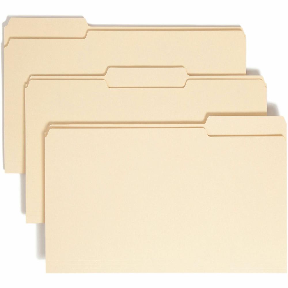 Smead 1/3 Tab Cut Legal Recycled Top Tab File Folder - 8 1/2" x 14" - 3/4" Expansion - Top Tab Location - Assorted Position Tab Position - Manila - Manila - 100% Recycled - 100 / Box. Picture 1