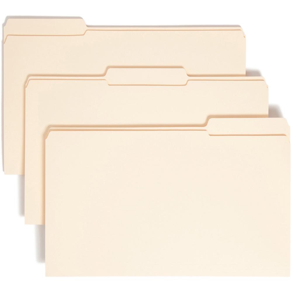 Smead 1/3 Tab Cut Legal Recycled Top Tab File Folder - 8 1/2" x 14" - 3/4" Expansion - Top Tab Location - Assorted Position Tab Position - Manila - Manila - 10% Recycled - 100 / Box. Picture 1
