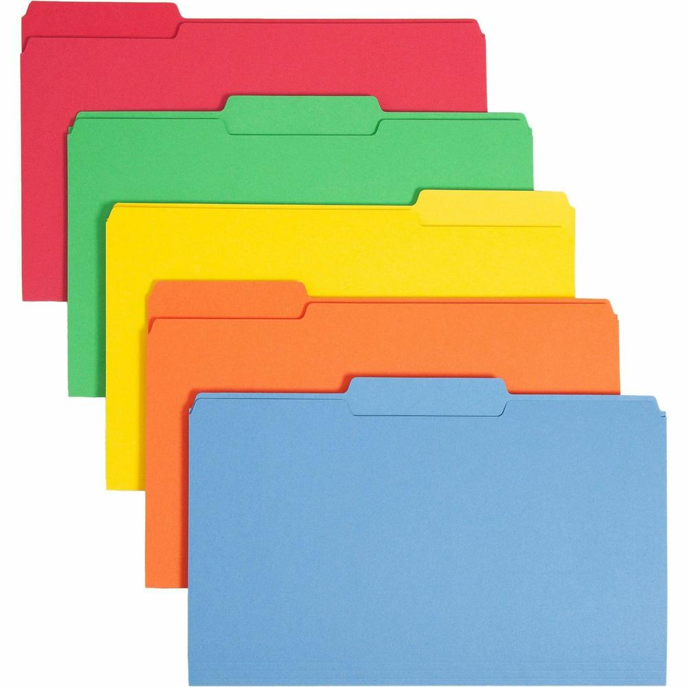 Smead Colored 1/3 Tab Cut Legal Recycled Top Tab File Folder - 8 1/2" x 14" - 3/4" Expansion - Top Tab Location - Assorted Position Tab Position - Blue, Green, Orange, Red, Yellow - 10% Recycled - 100. Picture 1
