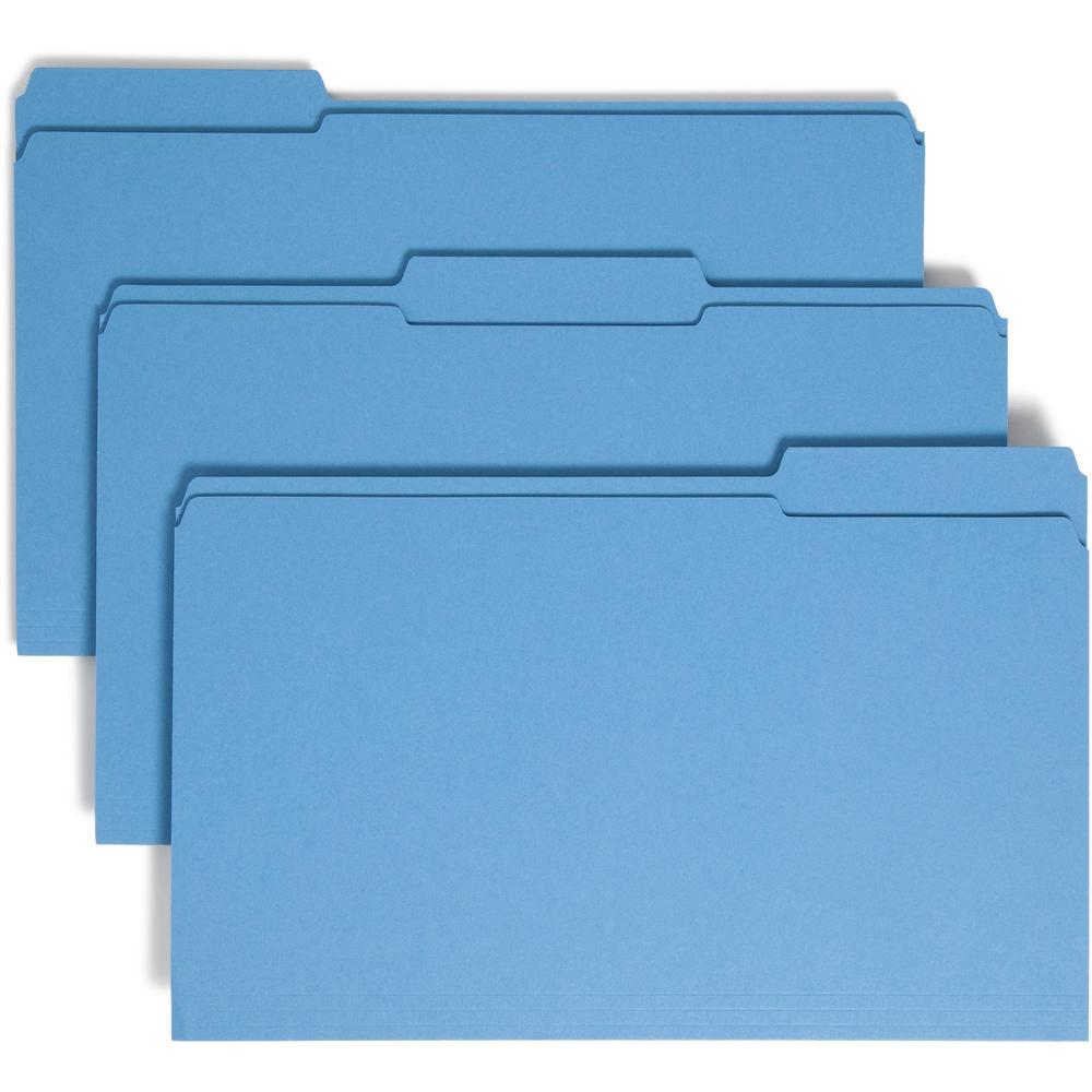 Smead Colored 1/3 Tab Cut Legal Recycled Top Tab File Folder - 8 1/2" x 14" - 3/4" Expansion - Top Tab Location - Assorted Position Tab Position - Blue - 10% Recycled - 100 / Box. Picture 1