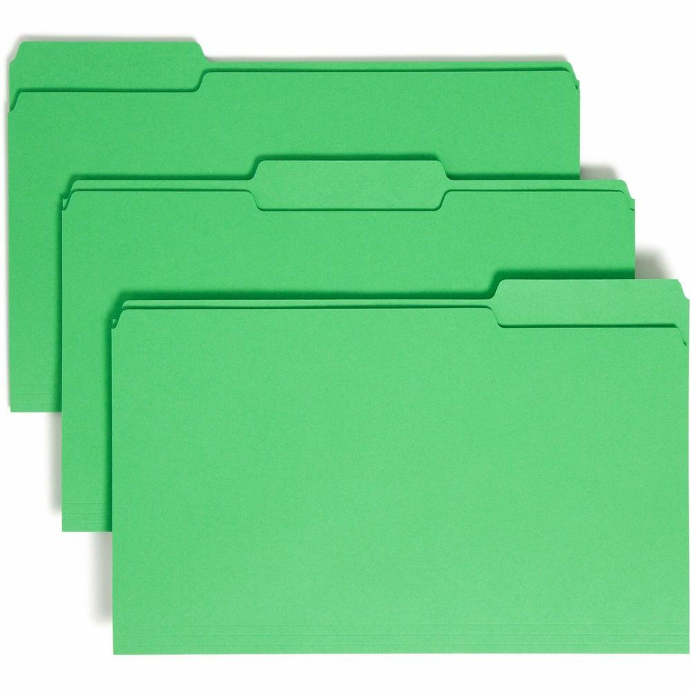 Smead Colored 1/3 Tab Cut Legal Recycled Top Tab File Folder - 8 1/2" x 14" - 3/4" Expansion - Top Tab Location - Assorted Position Tab Position - Green - 10% Recycled - 100 / Box. Picture 1