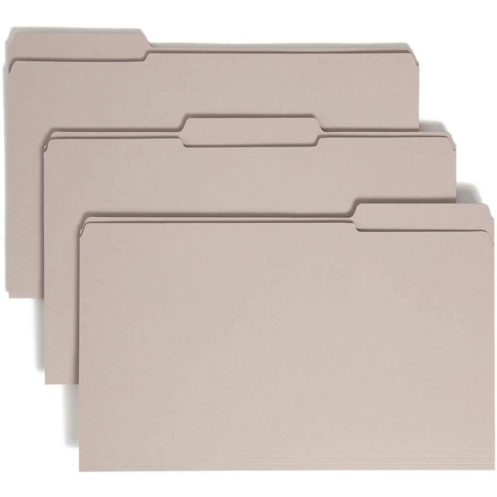 Smead Colored 1/3 Tab Cut Legal Recycled Top Tab File Folder - 8 1/2" x 14" - 3/4" Expansion - Top Tab Location - Assorted Position Tab Position - Gray - 10% Recycled - 100 / Box. Picture 1