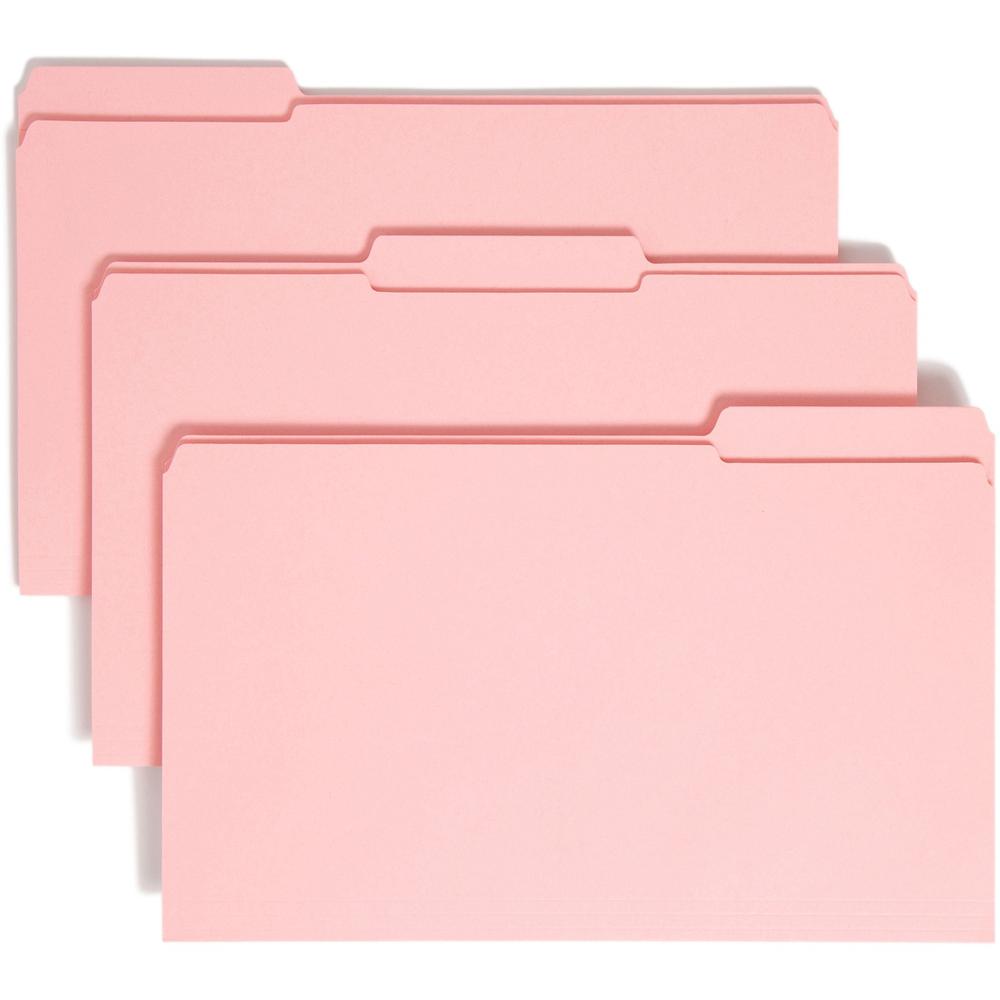Smead Colored 1/3 Tab Cut Legal Recycled Top Tab File Folder - 8 1/2" x 14" - 3/4" Expansion - Top Tab Location - Assorted Position Tab Position - Pink - 10% Recycled - 100 / Box. Picture 1