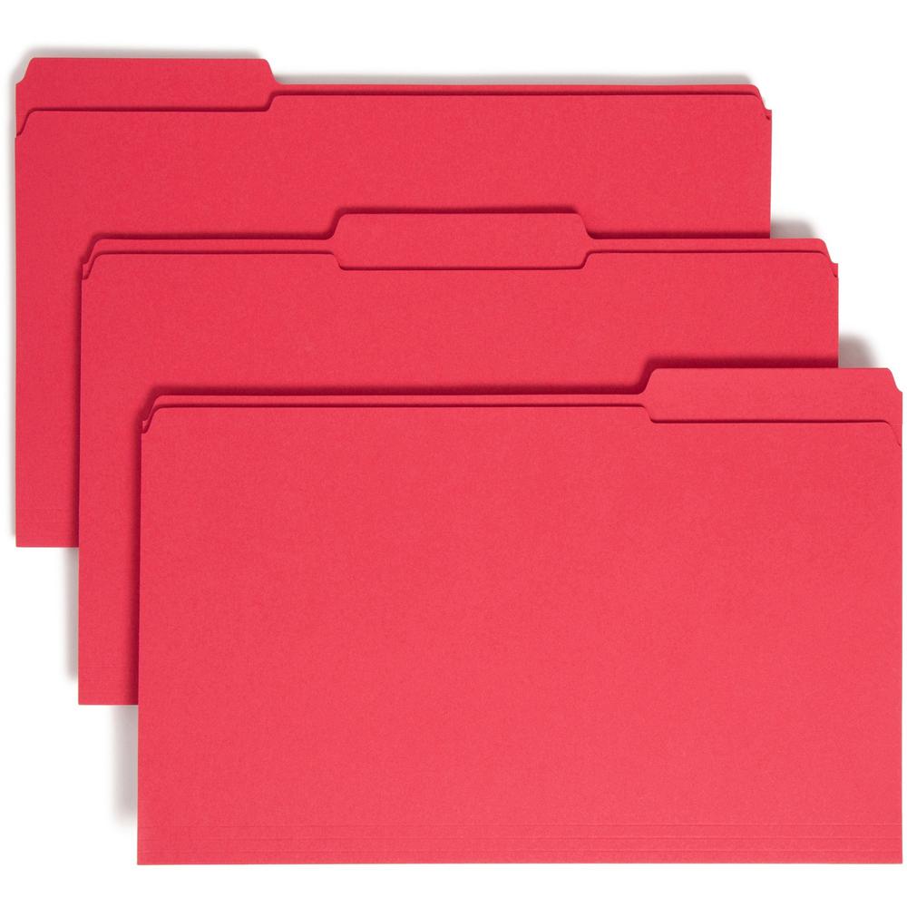 Smead Colored 1/3 Tab Cut Legal Recycled Top Tab File Folder - 8 1/2" x 14" - 3/4" Expansion - Top Tab Location - Assorted Position Tab Position - Red - 10% Recycled - 100 / Box. Picture 1