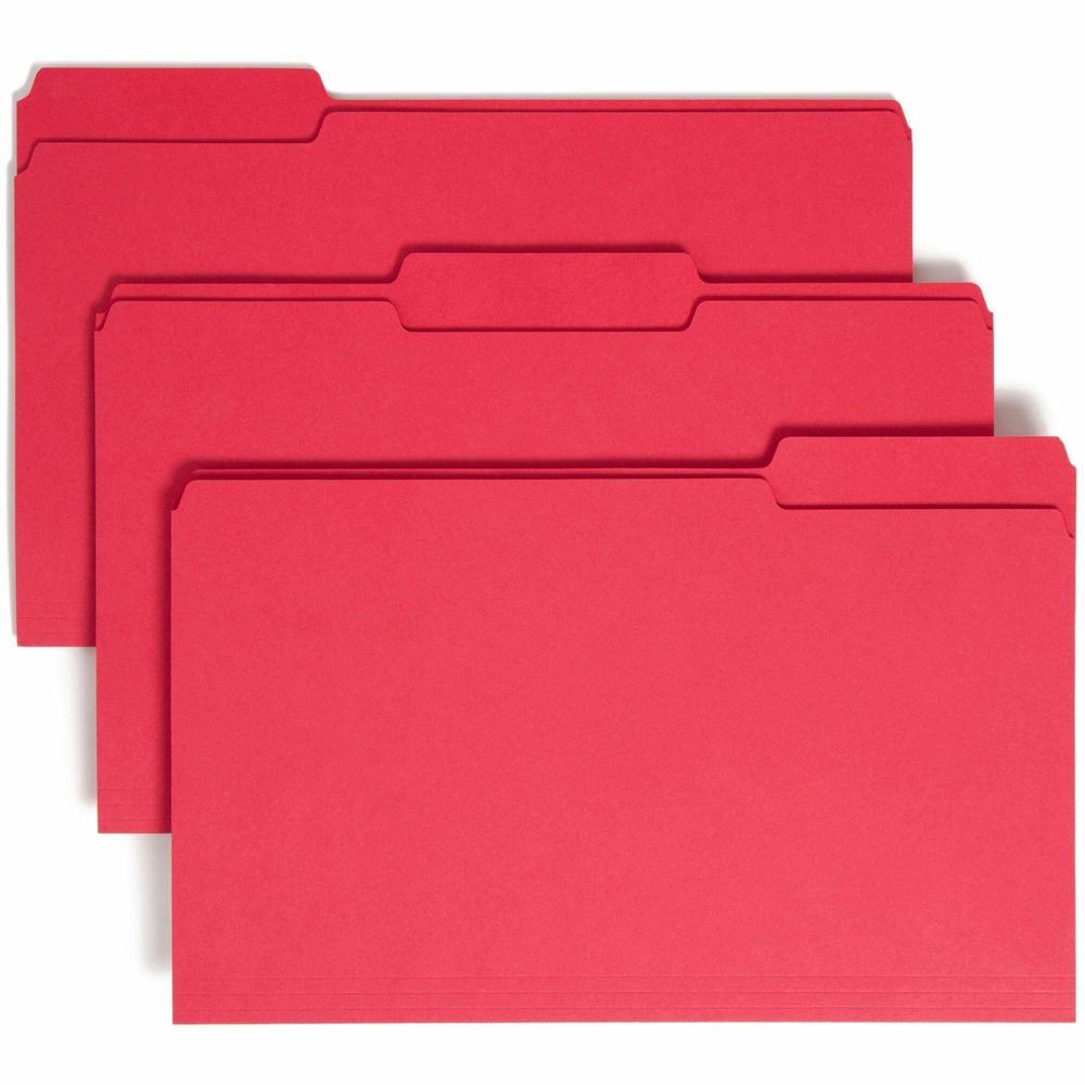 Smead Colored 1/3 Tab Cut Legal Recycled Top Tab File Folder - 8 1/2" x 14" - 3/4" Expansion - Top Tab Location - Assorted Position Tab Position - Red - 10% Recycled - 100 / Box. Picture 1