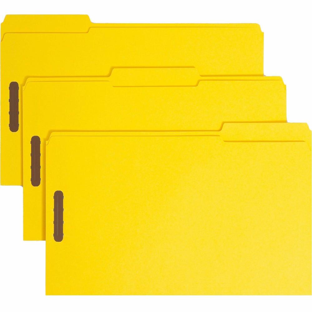 Smead Colored 1/3 Tab Cut Legal Recycled Fastener Folder - 8 1/2" x 14" - 2 x 2K Fastener(s) - 2" Fastener Capacity for Folder - Top Tab Location - Assorted Position Tab Position - Yellow - 10% Recycl. Picture 1