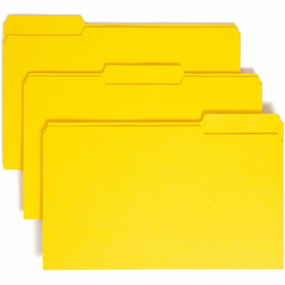 Smead Colored 1/3 Tab Cut Legal Recycled Top Tab File Folder - 8 1/2" x 14" - 3/4" Expansion - Top Tab Location - Assorted Position Tab Position - Vinyl - Yellow - 10% Recycled - 100 / Box. Picture 1