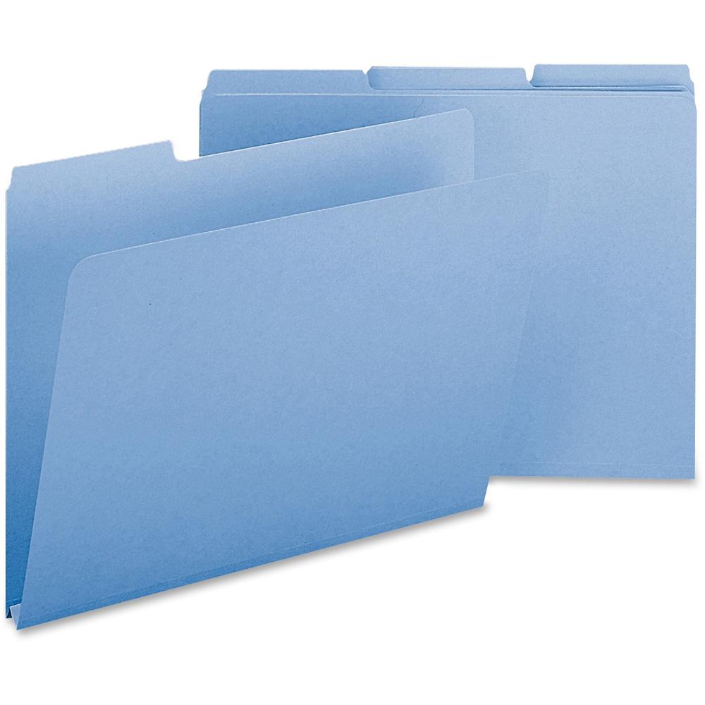 Smead Colored 1/3 Tab Cut Letter Recycled Top Tab File Folder - 8 1/2" x 11" - 1" Expansion - Top Tab Location - Assorted Position Tab Position - Pressboard - Blue - 100% Recycled - 25 / Box. Picture 1