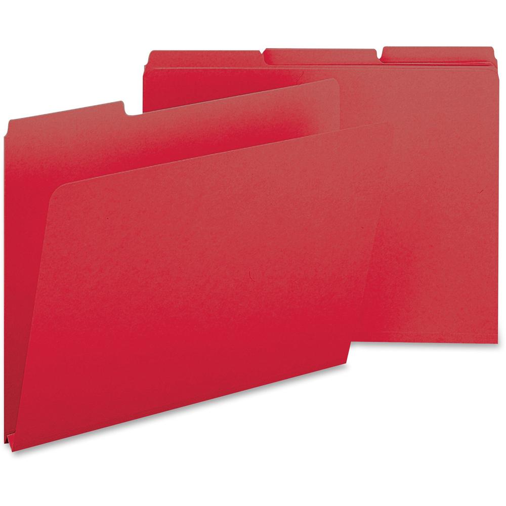Smead Colored 1/3 Tab Cut Letter Recycled Top Tab File Folder - 8 1/2" x 11" - 1" Expansion - Top Tab Location - Assorted Position Tab Position - Pressboard - Bright Red - 100% Recycled - 25 / Box. Picture 1